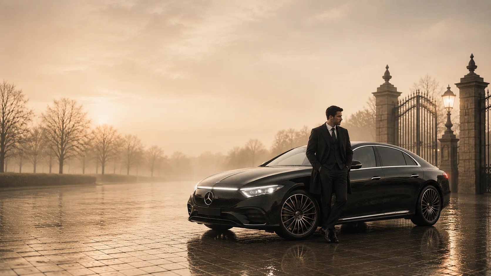 Black Mercedes EQS with a chauffeur in a suit by a gate