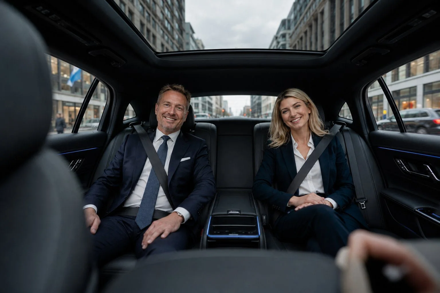 To bedriftskunder i dress smiler i baksetet av en Mercedes på vei gjennom Oslo sentrum